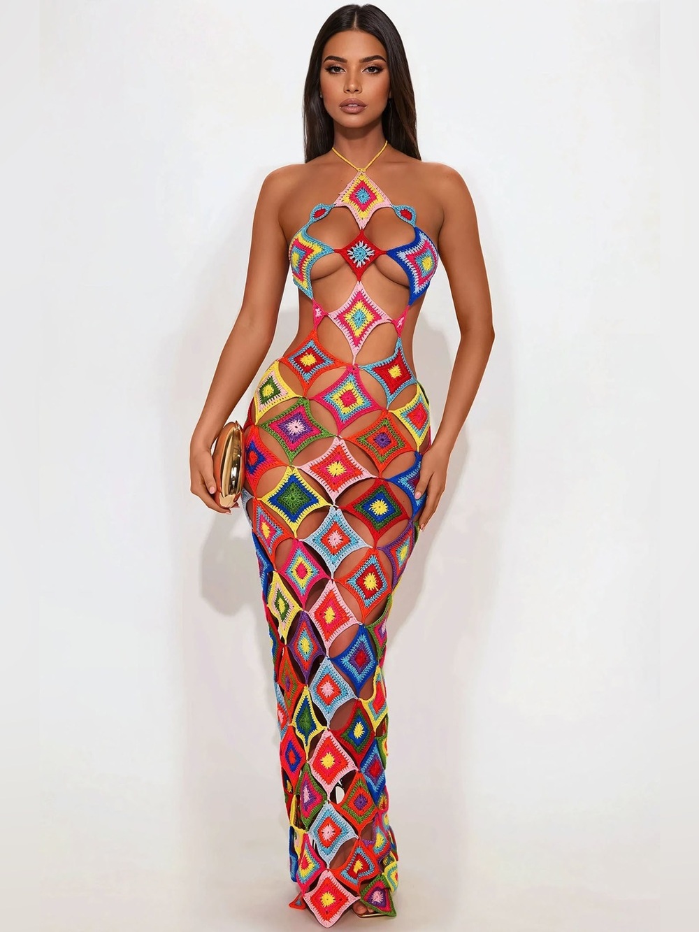 NWT Fashion Nova Sz L Multicolor Crochet Cutout Maxi Dress Love Island